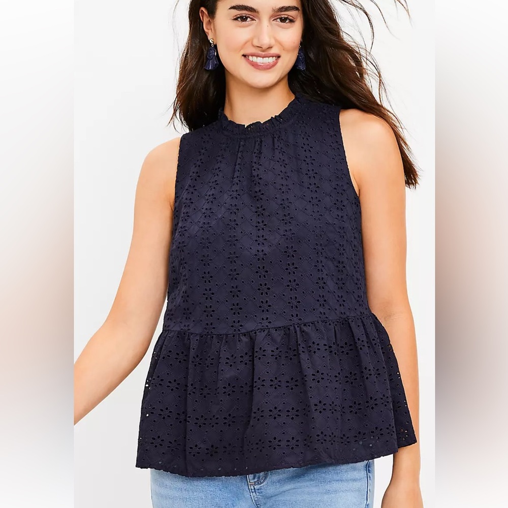 LOFT Blue Eyelet Detail Peplum Top Size Medium